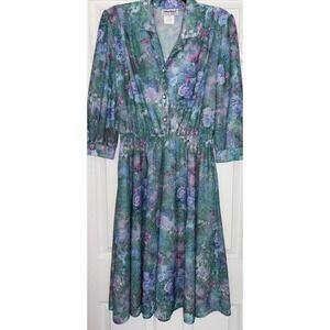 Vintage Anthony Richards Green Floral Dress Midi Womens 12P Monet Water Lillies